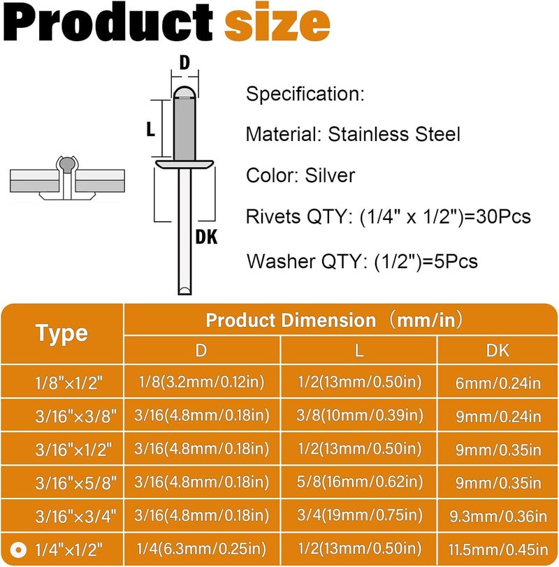 JTAREA 35pcs 1/4" x 1/2" Stainless Steel Pop Rivets with Stainless Steel Washers 6.4 x 12.7mm Blind Rivet Assortment Kit - Image 2
